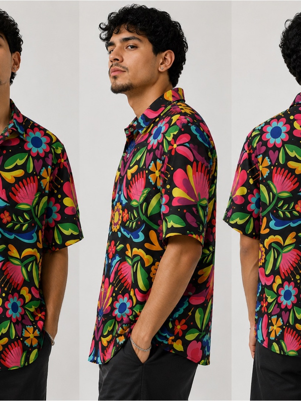 Men's Black Short-Sleeve Floral Print Shirt